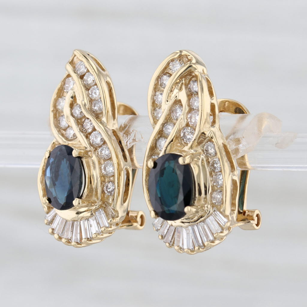 2.50ctw Blue Sapphire Diamond Drop Earrings 14k Yellow Gold Omega Backs