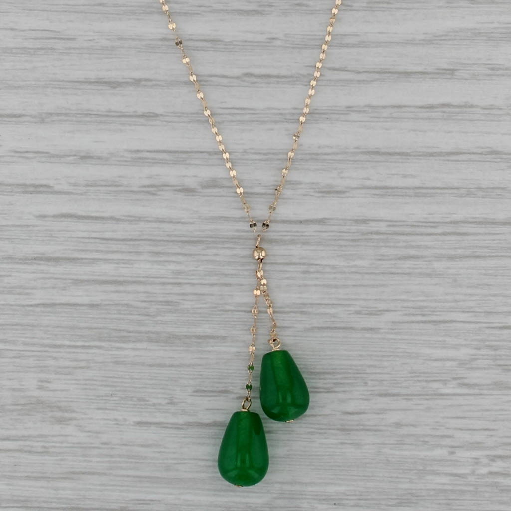 Green Quartz Teardrop Lariat Pendant Necklace 14k Gold 14" 16" Mirror Chain