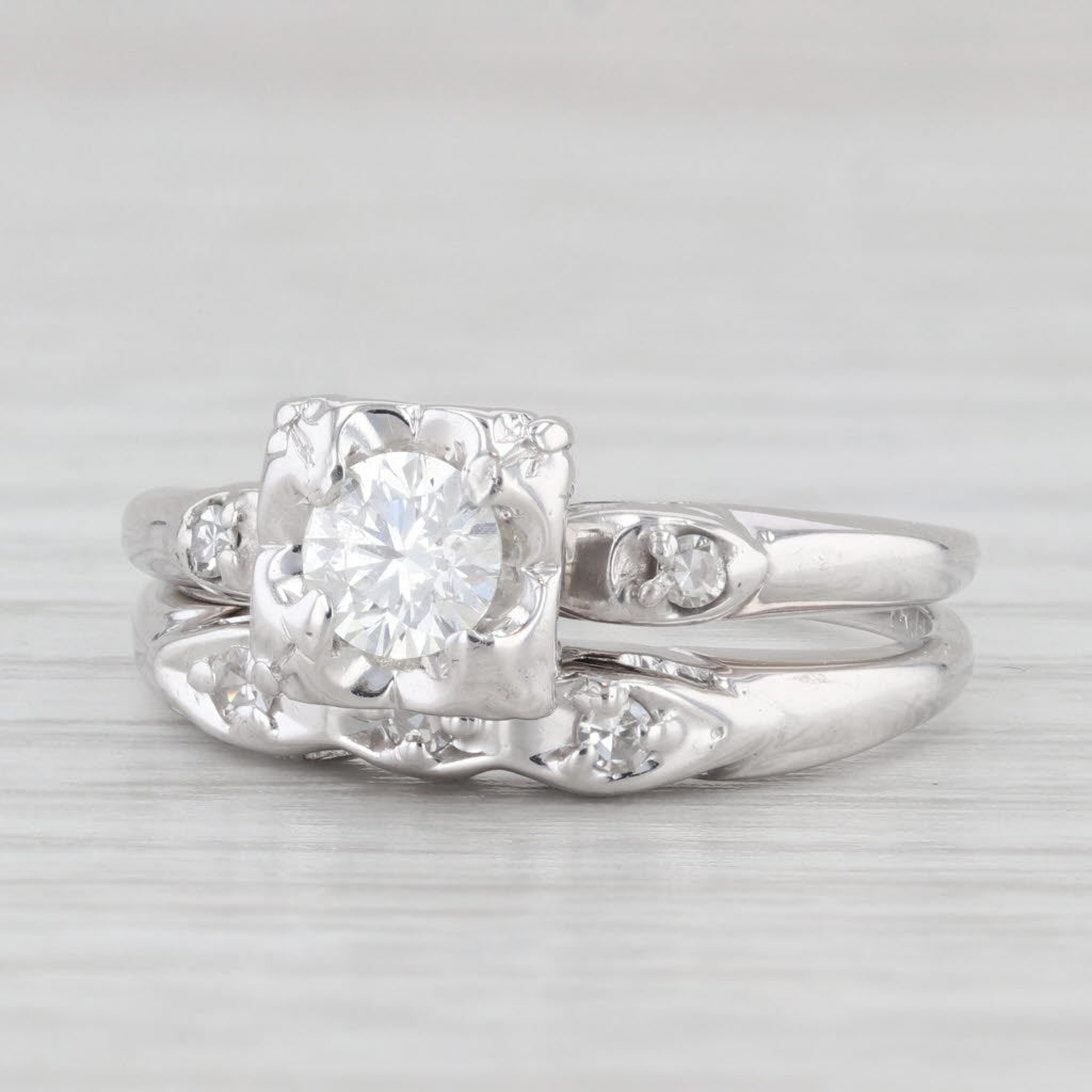 Light Gray Vintage 0.49ctw Diamond Engagement Ring Wedding Band Bridal Set 14k White Gold