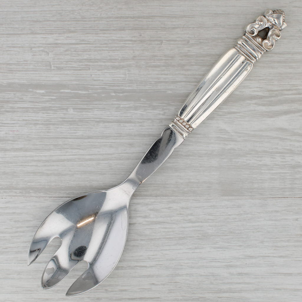 Gray Georg Jensen Denmark Acorn Salad Spoon Fork Set Sterling Silver Stainless Steel