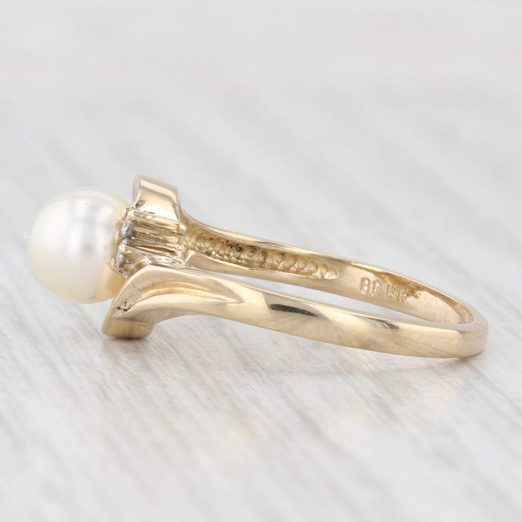 Light Gray 6.3mm Cultured Pearl Bead Diamond Ring 14k Yellow Gold Size 6