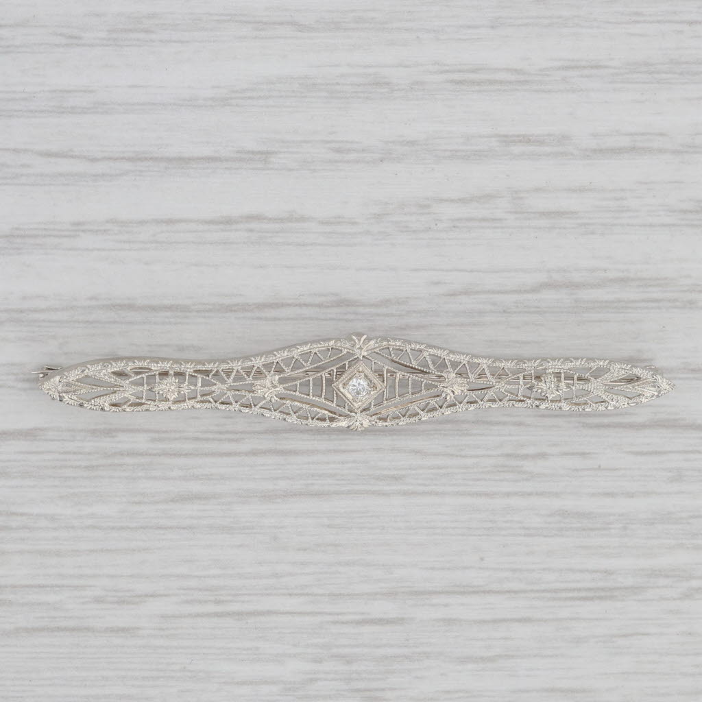 Gray Krementz Vintage Diamond Filigree Bar Brooch 10k 14k White Gold Pin