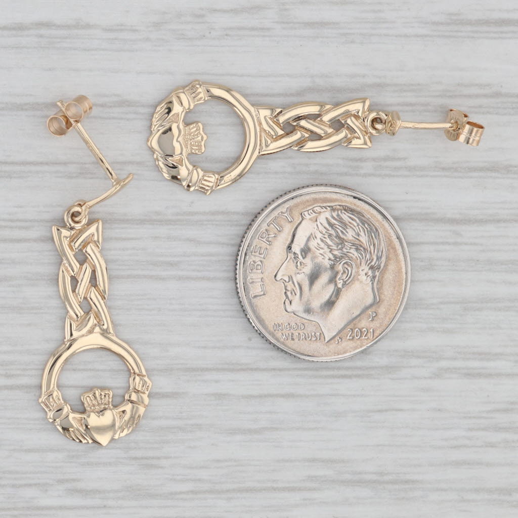 Gray Irish Claddagh Celtic Knot Dangle Earrings 9k Yellow Gold Drops