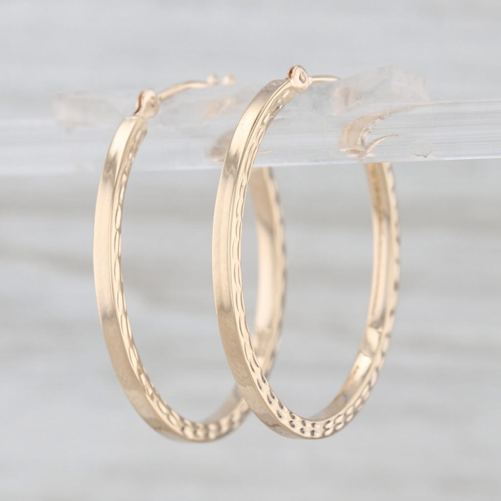 Round Hoop Earrings Textured Edge 10k Yellow Gold Snap Top 24.4 x 1.6mm
