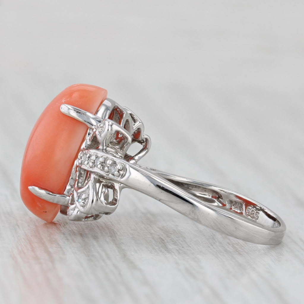 Gray Coral Oval Cabochon Diamond Ring 14k White Gold Size 7