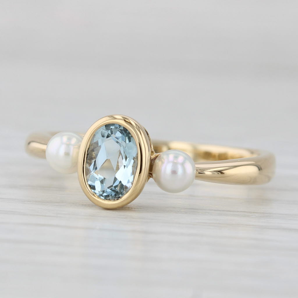 Light Gray 0.76ct Oval Aquamarine Cultured Pearl Ring 18k Yellow Gold Size 9