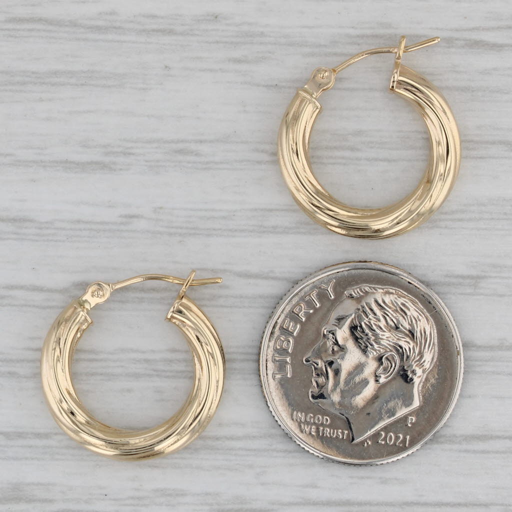 Gray Woven Beveled Small Hoop Earrings 14k Yellow Gold Snap Top Round Hoops