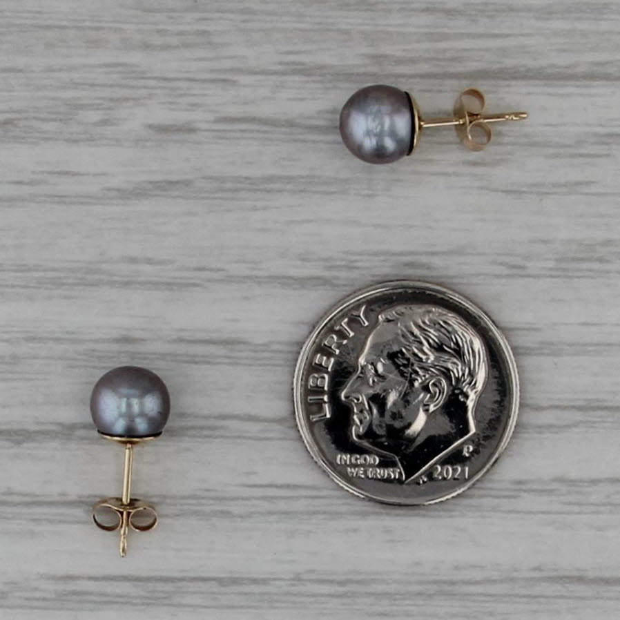 6.2-6.3mm Black Cultured Pearl Stud Earrings 14k Yellow Gold Bead Studs