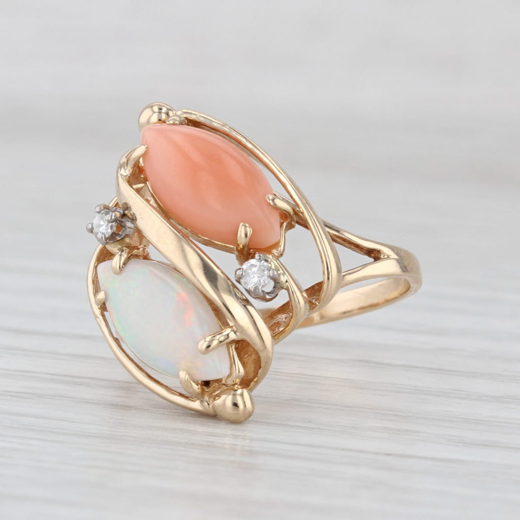 Opal Coral Navette Cabochon Diamond Ring 14k Yellow Gold Size 8