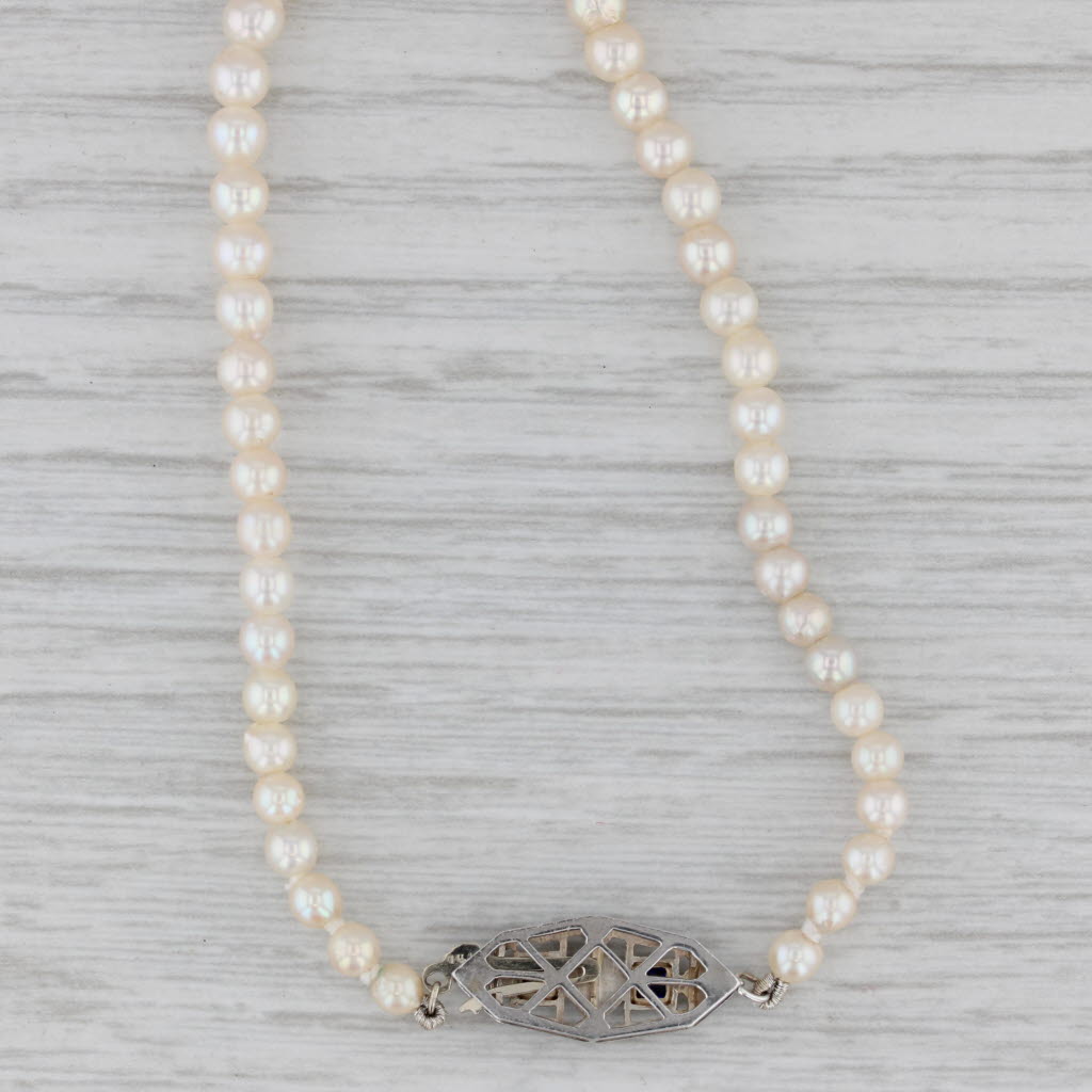 Art Deco Lab Created Sapphire Diamond Graduated Cultured Pearl Necklace 14k Gold