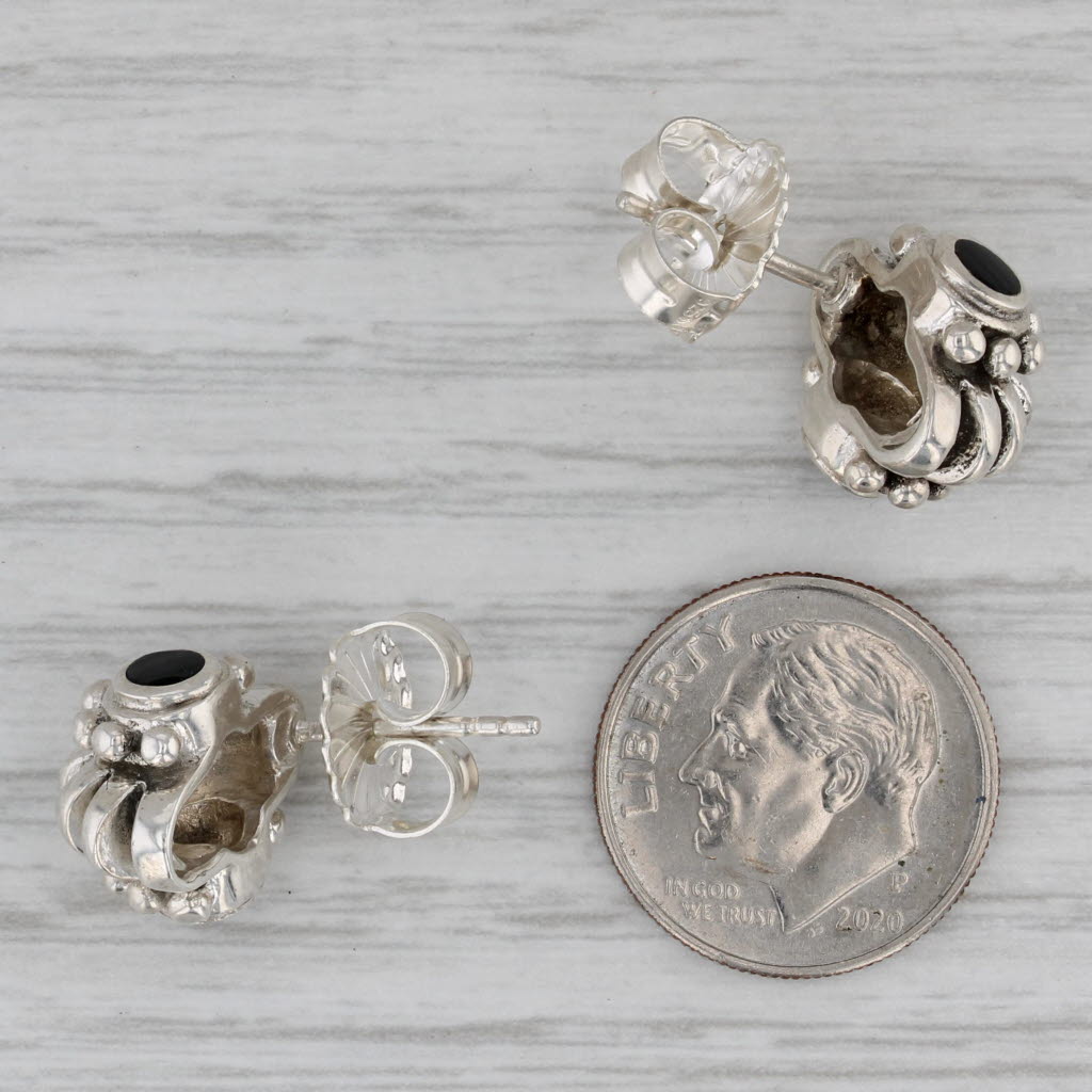 Gray Scalloped Silver Earrings Onyx Accents Sterling Studs