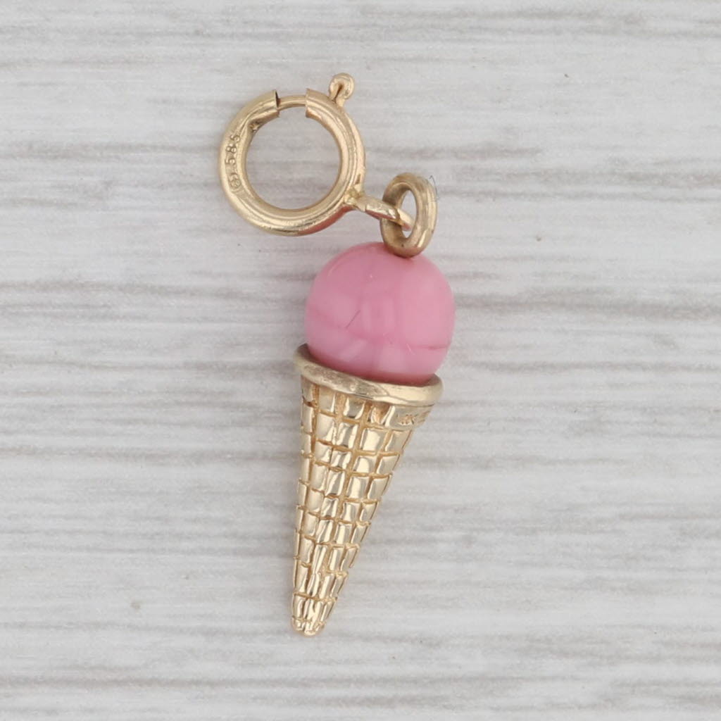 Gray Ice Cream Cone Charm 14k Yellow Gold Pink Enamel Pendant