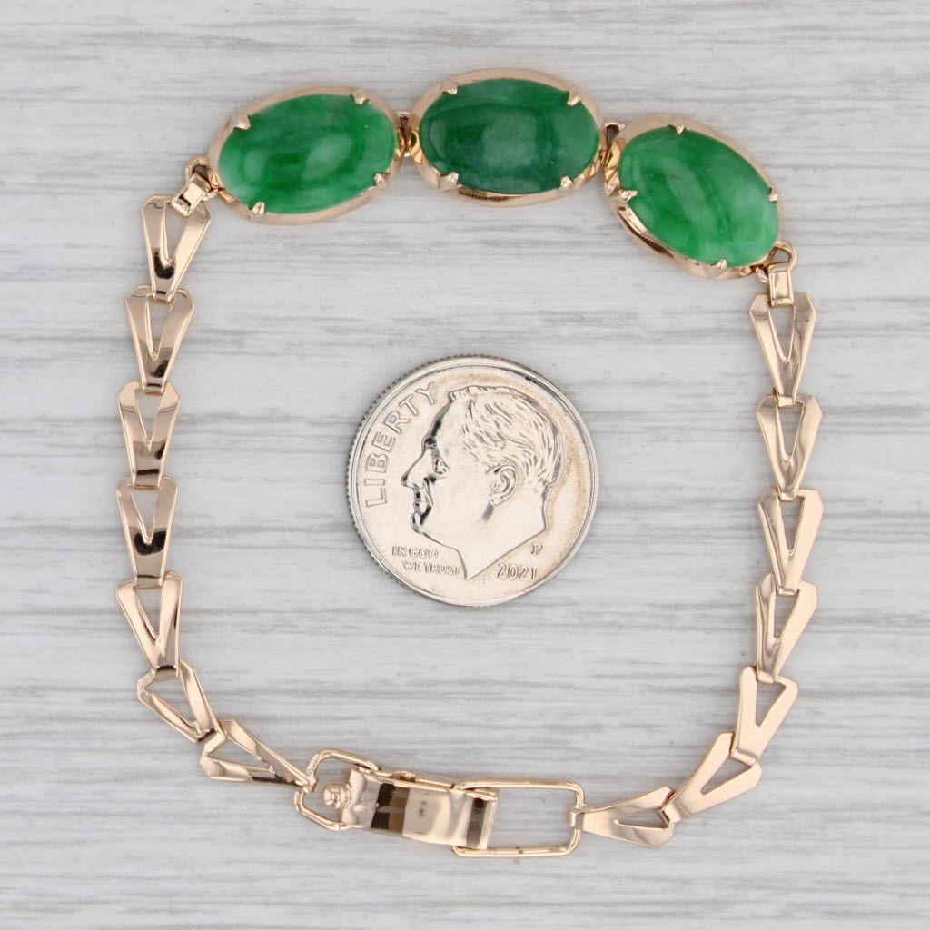 Gray Green Jadeite Jade 3-Stone Oval Cabochons Bracelet 14k Rose Gold 6.25"