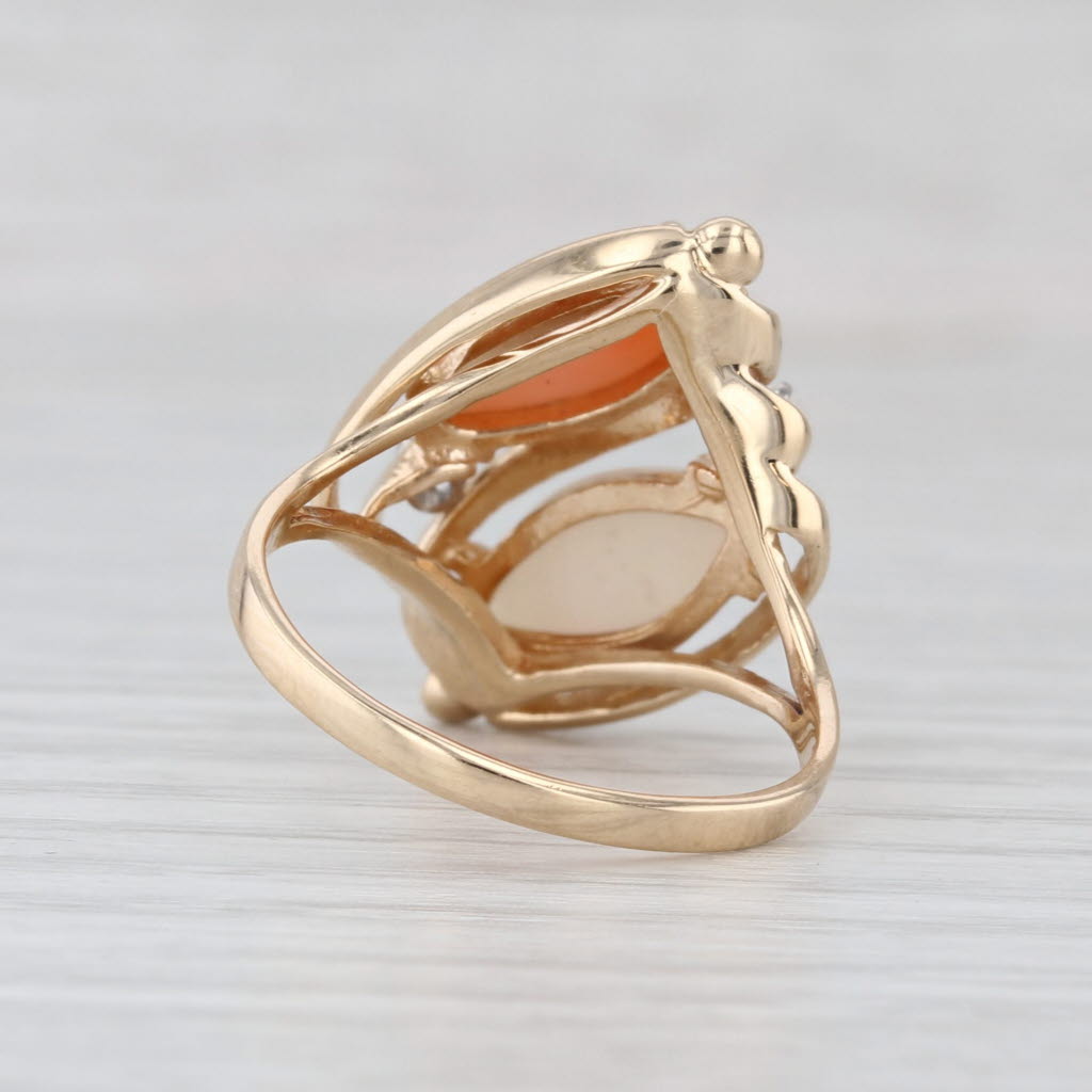 Opal Coral Navette Cabochon Diamond Ring 14k Yellow Gold Size 8