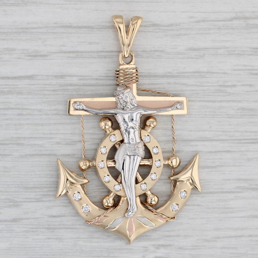 Gray Cubic Zirconia Crucifix Anchor Mariners Cross Pendant 14k Gold tri-toned