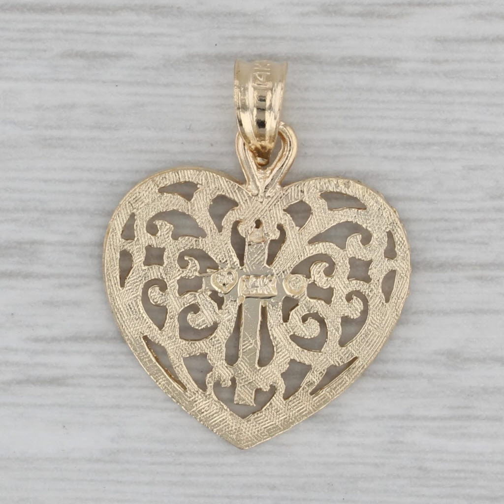 Gray Ornate Heart Cross Pendant 14k Yellow Gold