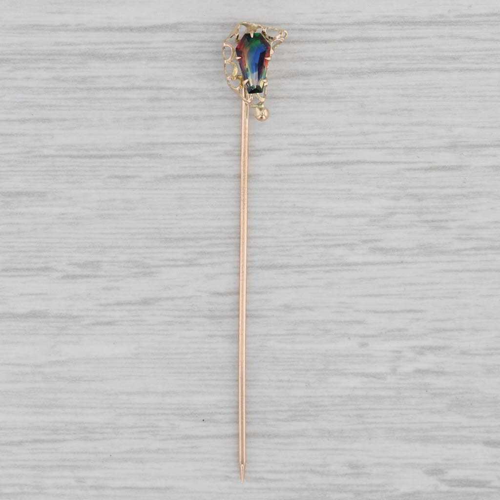 Gray Vintage Multicolor Glass Keystone Stickpin 14k Yellow Gold