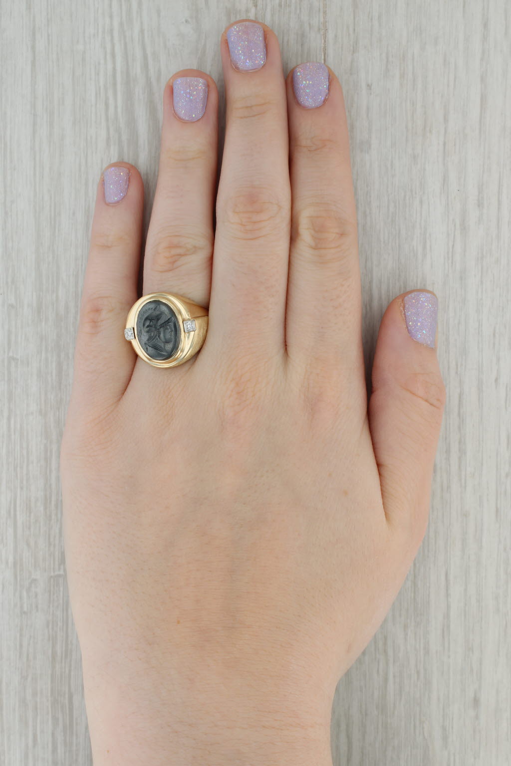 Dark Gray Vintage Hematite Intaglio Ring Diamonds 10k Gold Size 9.5 Men's Signet