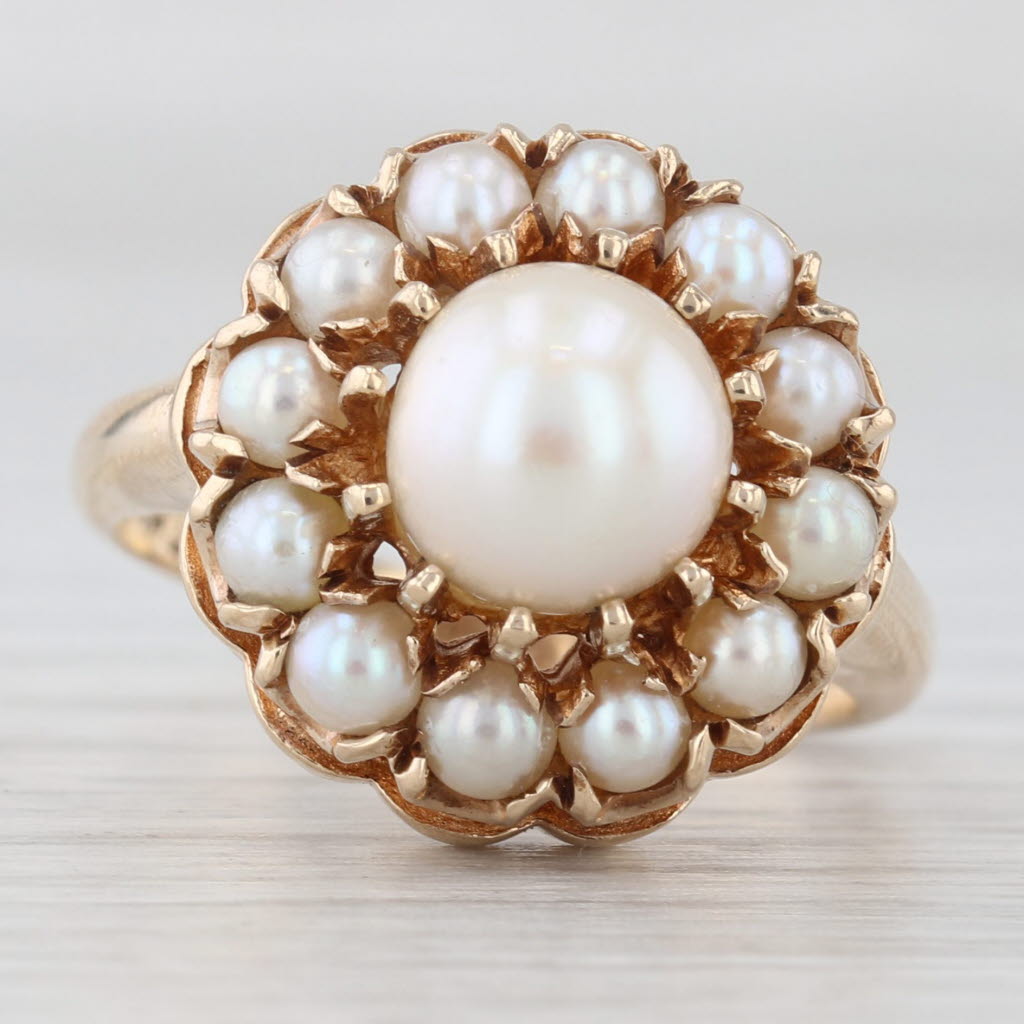 Vintage Cultured Pearl Halo Ring 14k Yellow Gold Size 7 Cocktail
