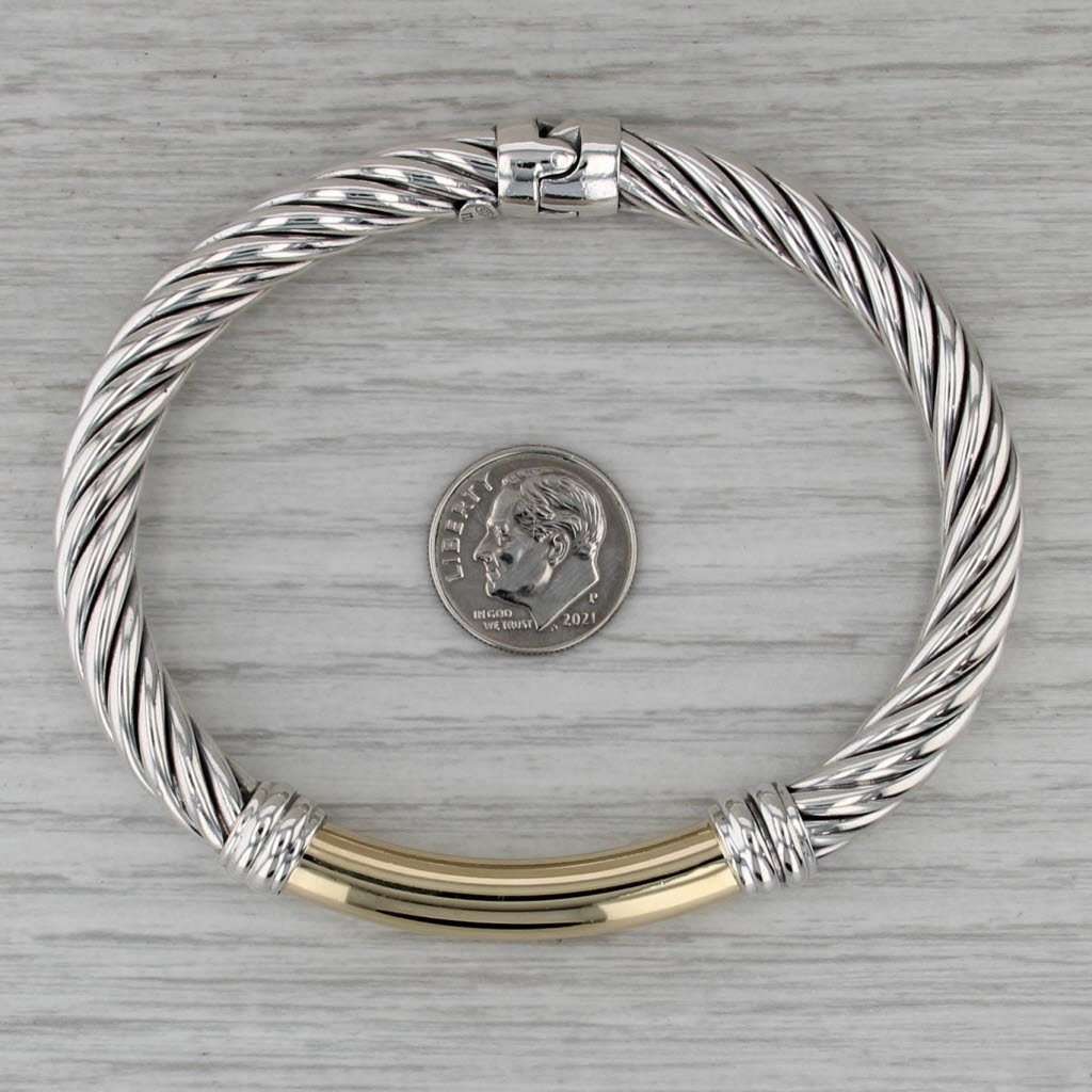 Cable Bangle Bracelet Sterling Silver 18k Gold 7.5" 7.4mm Hinged Snap Clasp