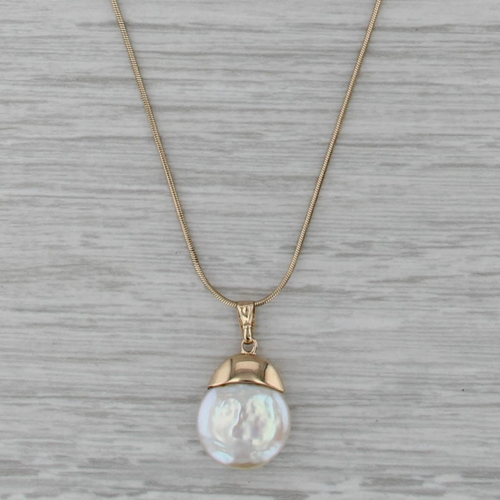 Cultured Coin Pearl Pendant Necklace 14k Yellow Gold 18.5" Snake Chain