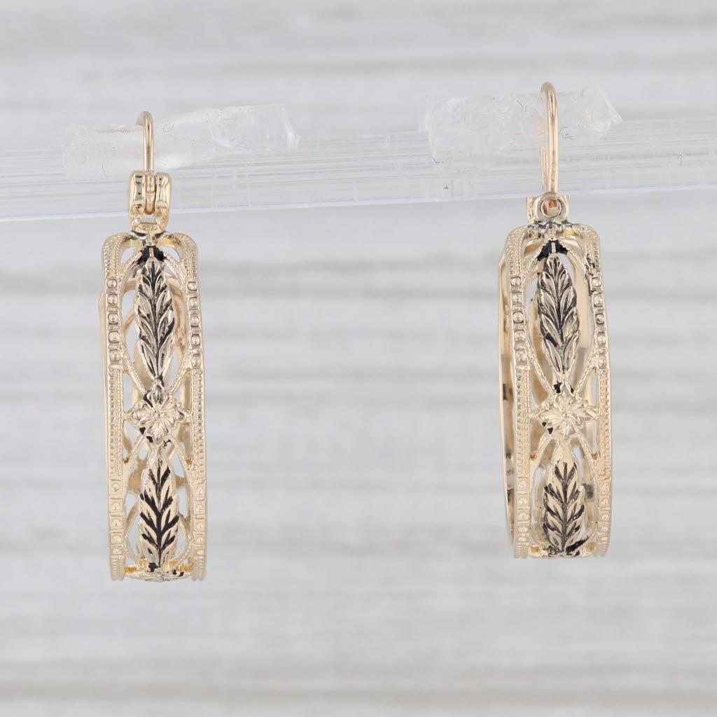 Light Gray Vintage Filigree Wheat Etched Hoop Earrings 14k Yellow Gold Snap Top Round Hoops