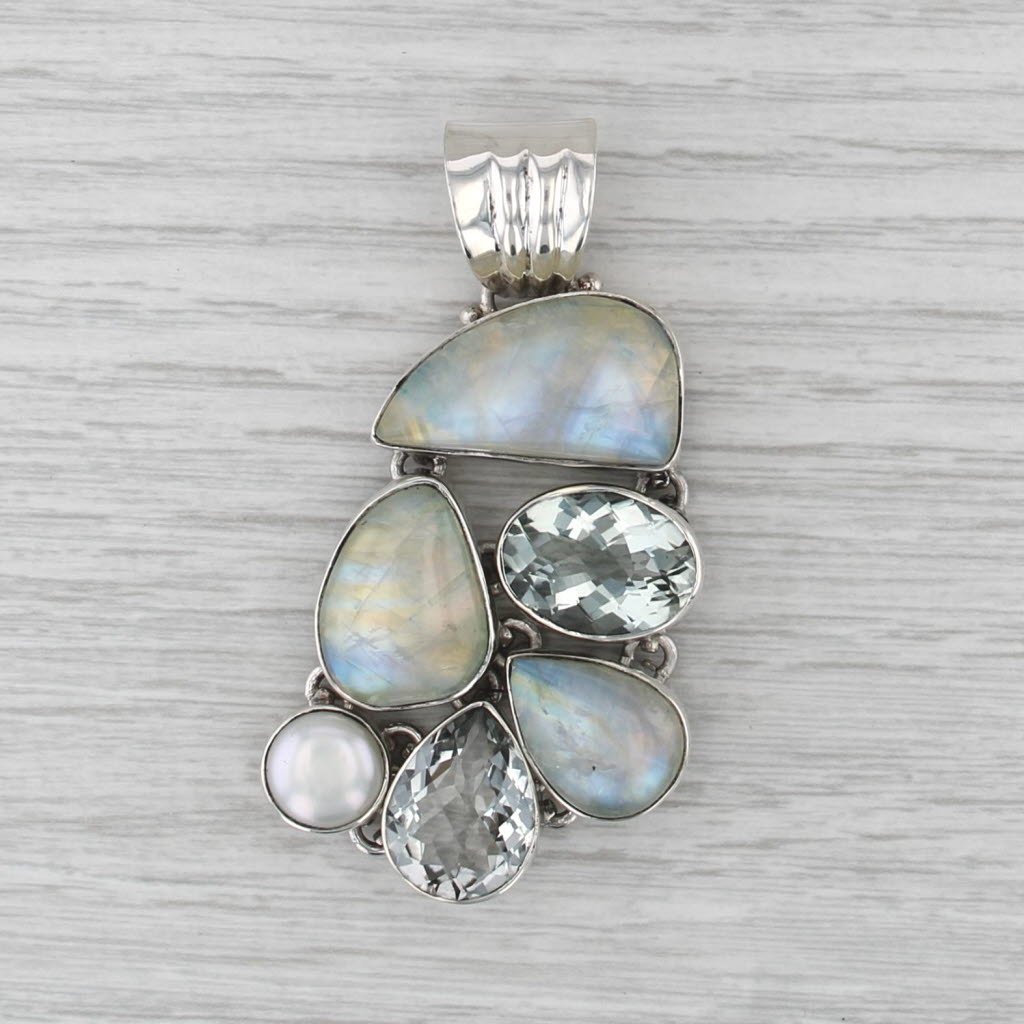 Large Moonstone Button Pearl Quartz Prasiolite Statement Pendant Sterling Silver