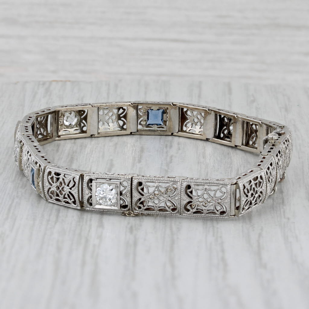 Gray Art Deco Filigree Lab Created Sapphire Diamond Bracelet 14k Gold Platinum
