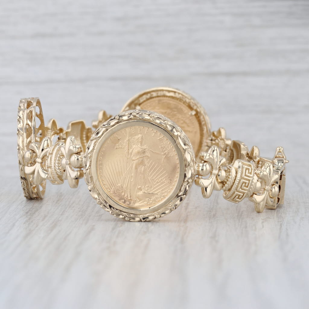 American Eagle Gold Coin Bracelet 14k 22k 2004 1/10oz $5 3 Coins 6.5-7"