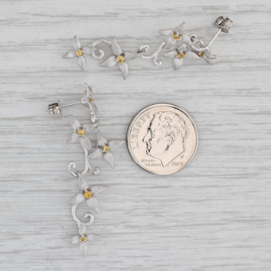 Gray Galatea 0.20ctw Yellow Sapphire Dangle Flower Earrings 14k White Gold Drop