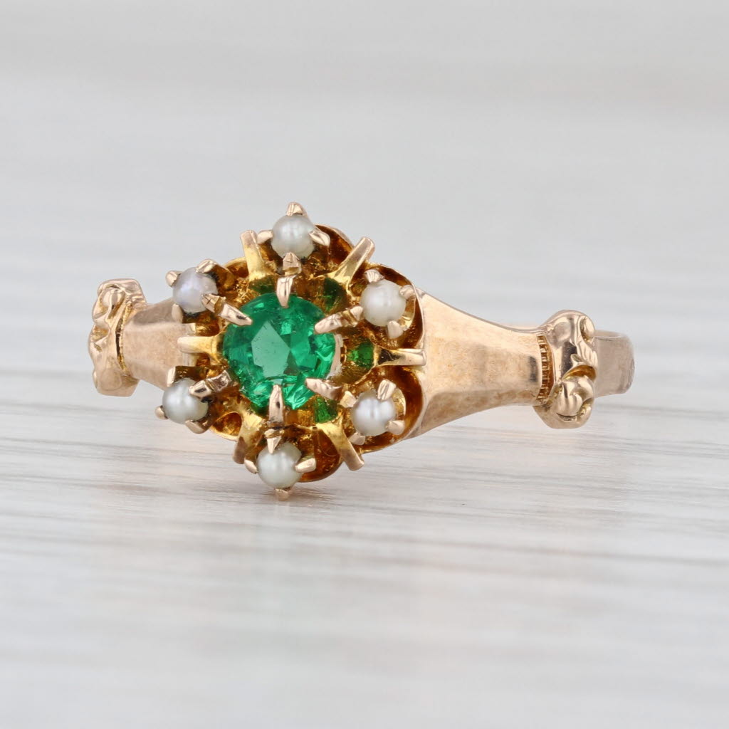 Victorian Green Garnet Glass Pearl Halo Ring 10k Yellow Gold Antique Size 8