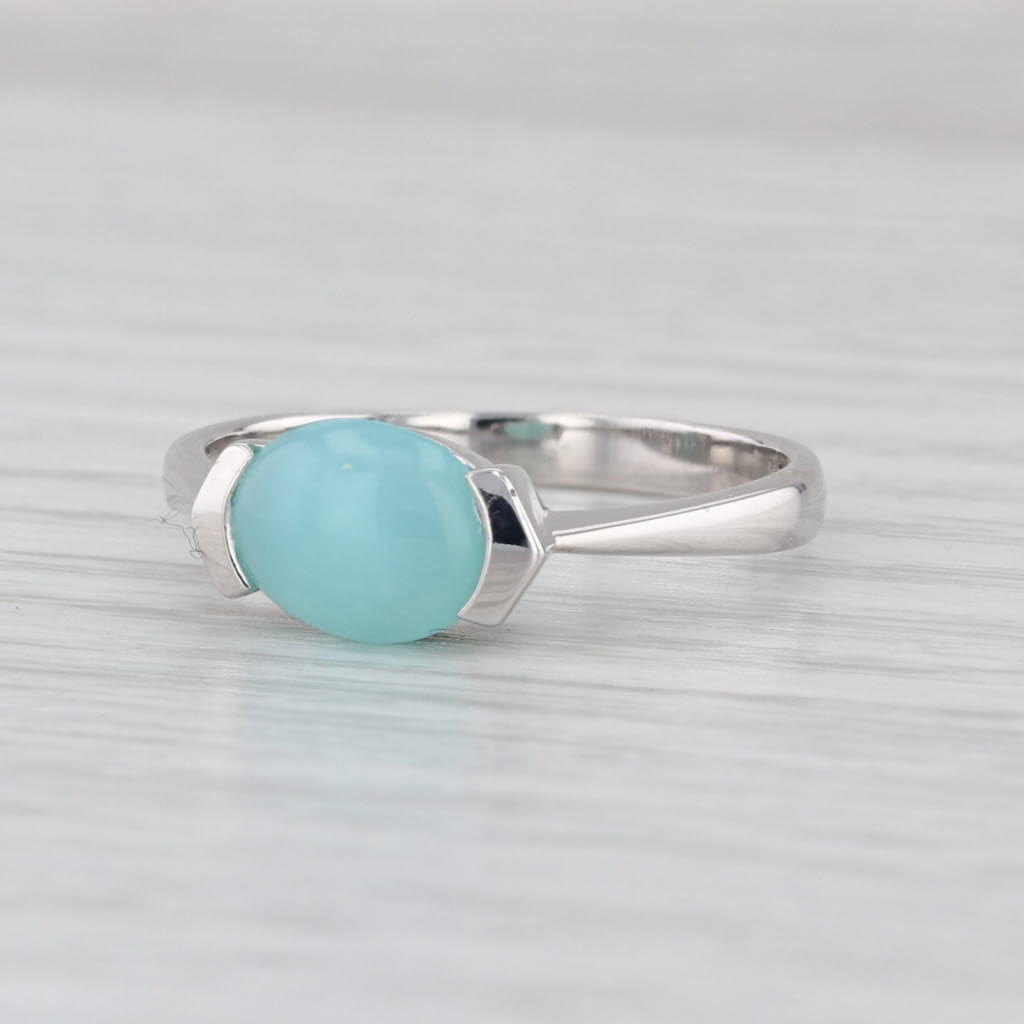 Teal Common Opal Cabochon Solitaire Ring 14k White Gold Size 8.75