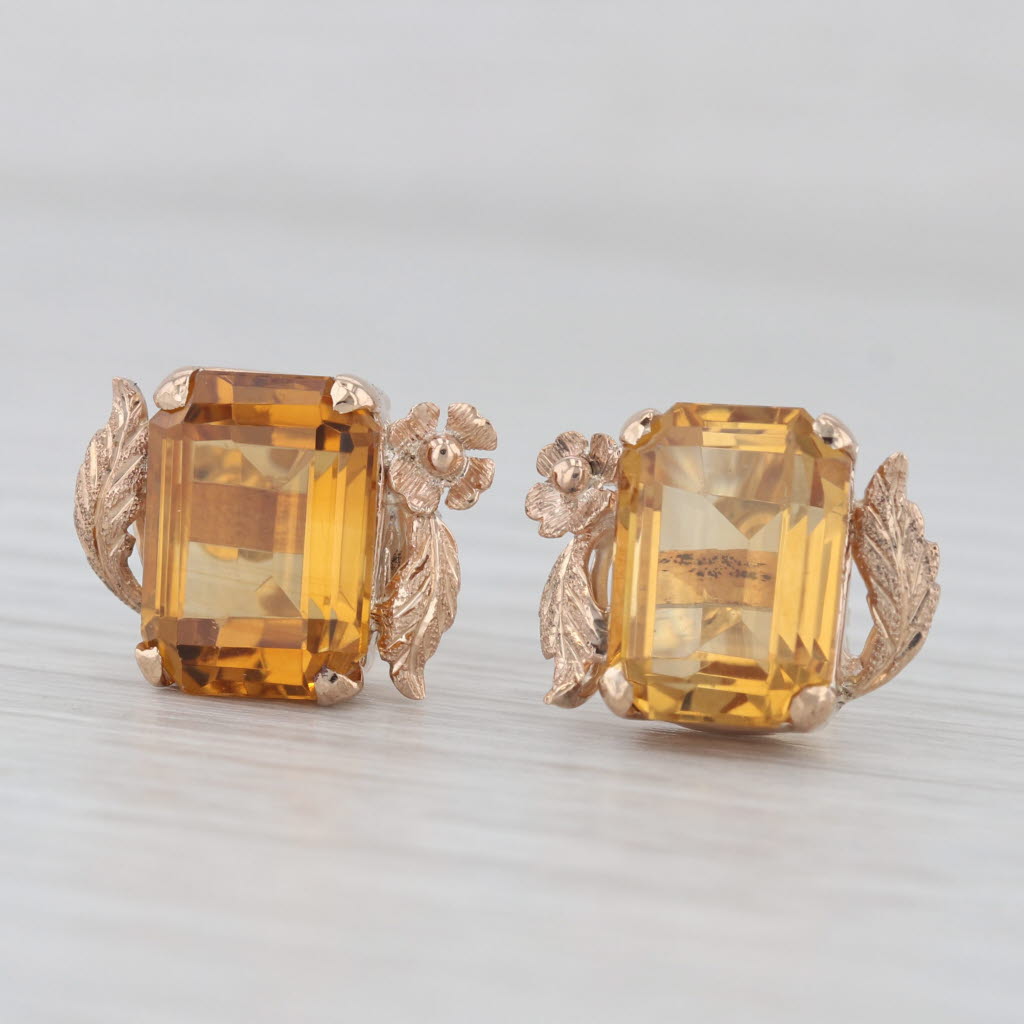 Light Gray 7.35ctw Citrine Floral Stud Earrings 10k Yellow Gold Pierced Vintage
