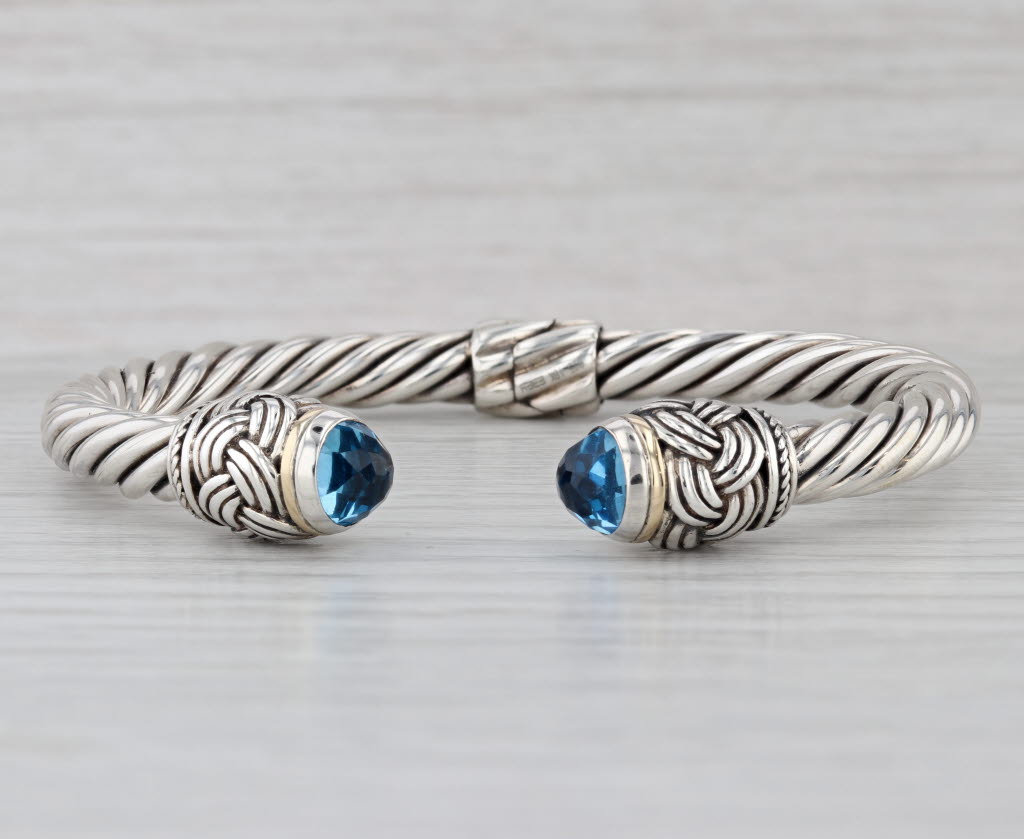 Effy Blue Topaz Cuff Bracelet Sterling Silver 18k Gold 7.25" Hinged
