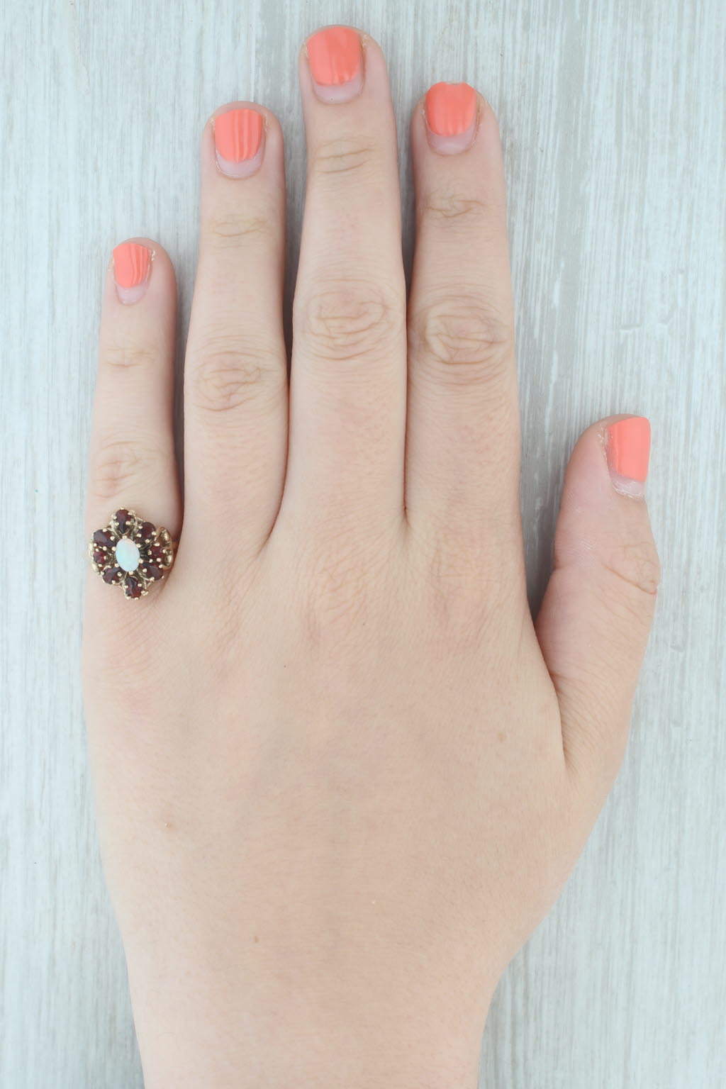 Gray 1.60ctw Garnet Cluster Halo Opal Ring 10k Yellow Gold Size 6.25
