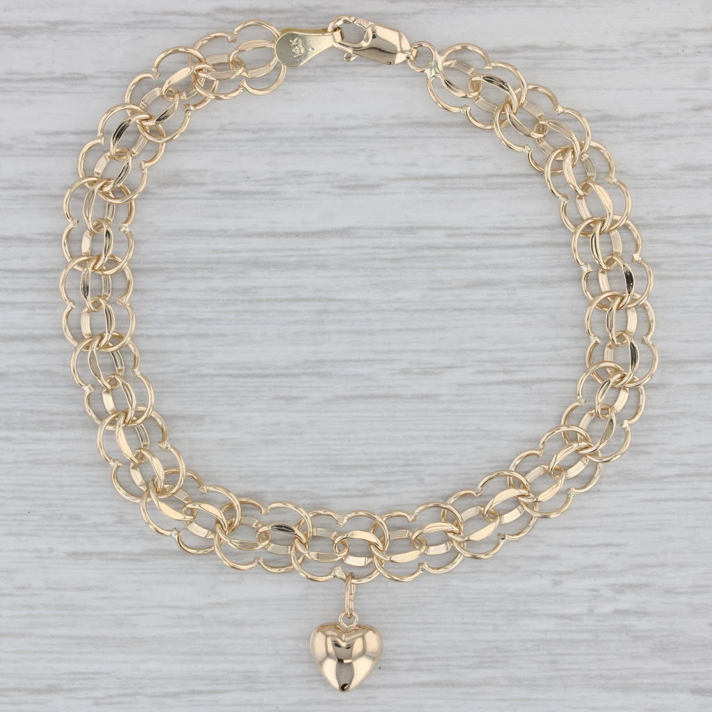 Gray Heart Charm Curb Chain Bracelet 14k Yellow Gold 6.75"