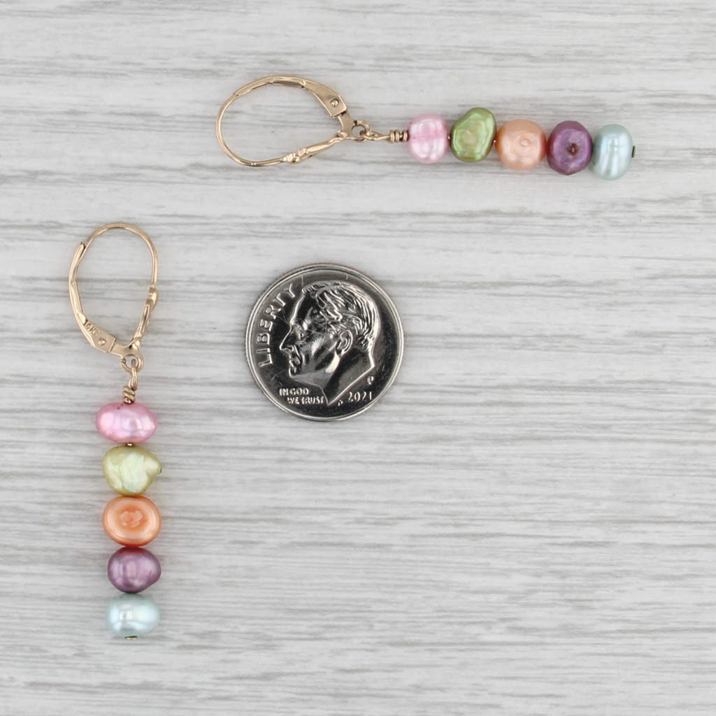 Multicolor Cultured Pearl Dangle Earrings 14k Yellow Gold Lever Back Drops