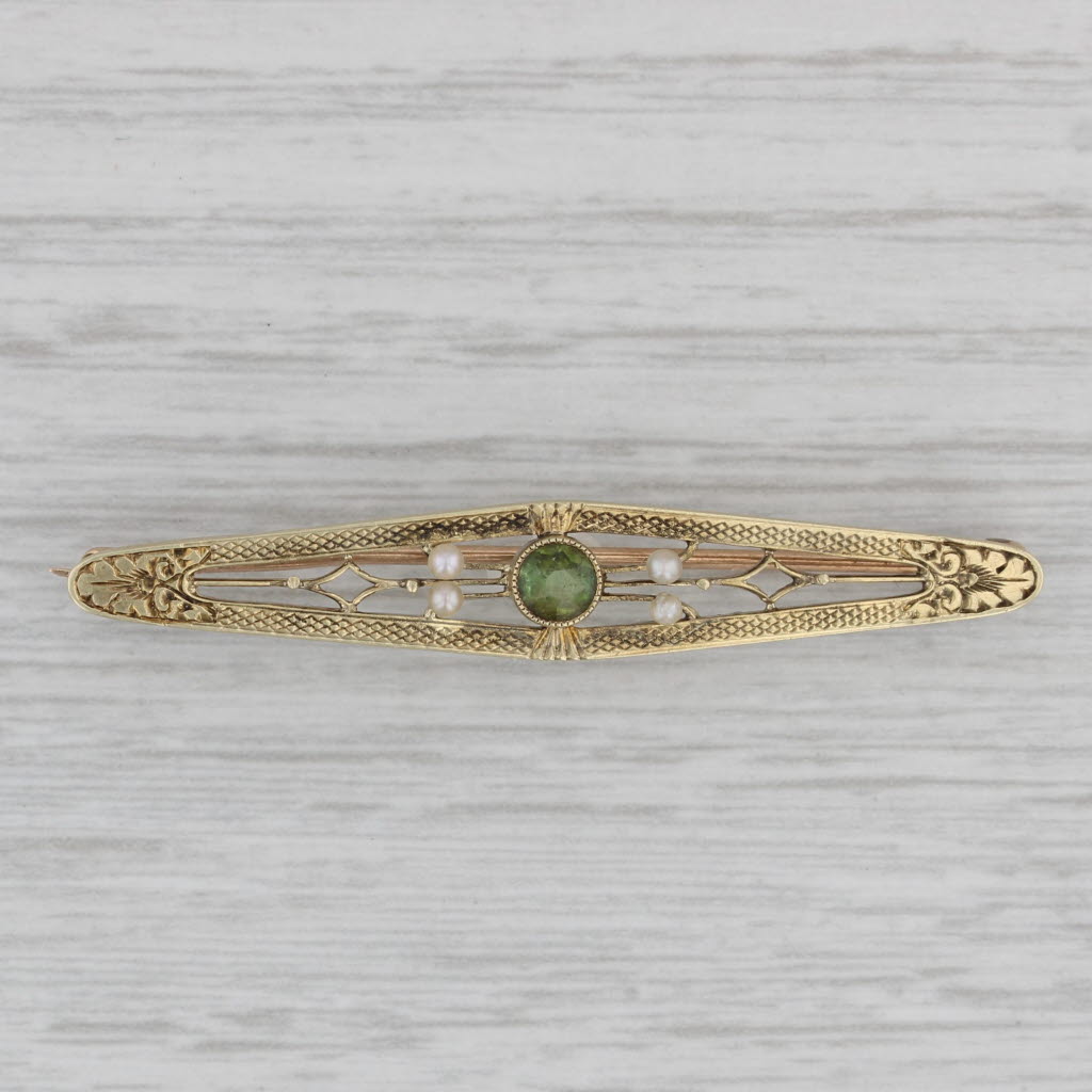 Gray Seed Pearl Peridot Bar Pin 14k 10k Yellow Gold Vintage Brooch