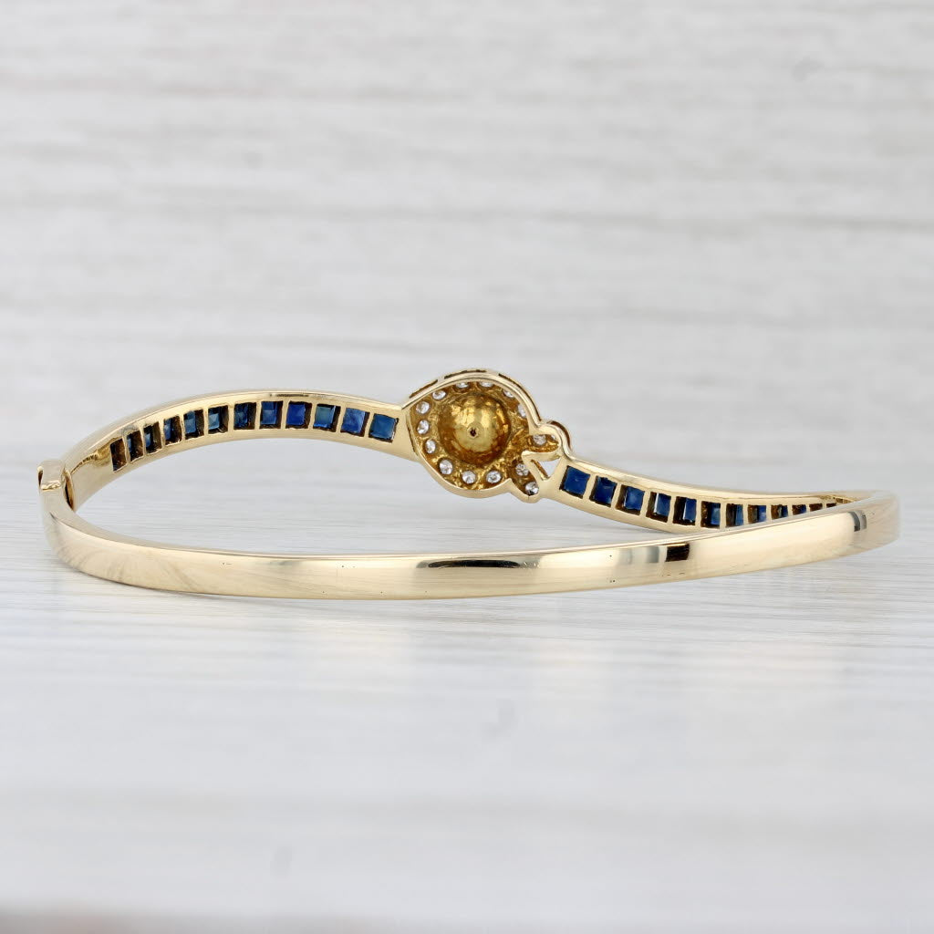 Light Gray Cultured Pearl Sapphire Diamond Bangle Bracelet 18k Yellow Gold 7"