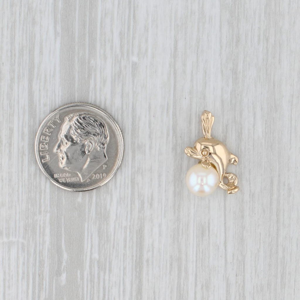 Light Gray Cultured Pearl Bead Dolphin Pendant 14k Yellow Gold Small Drop