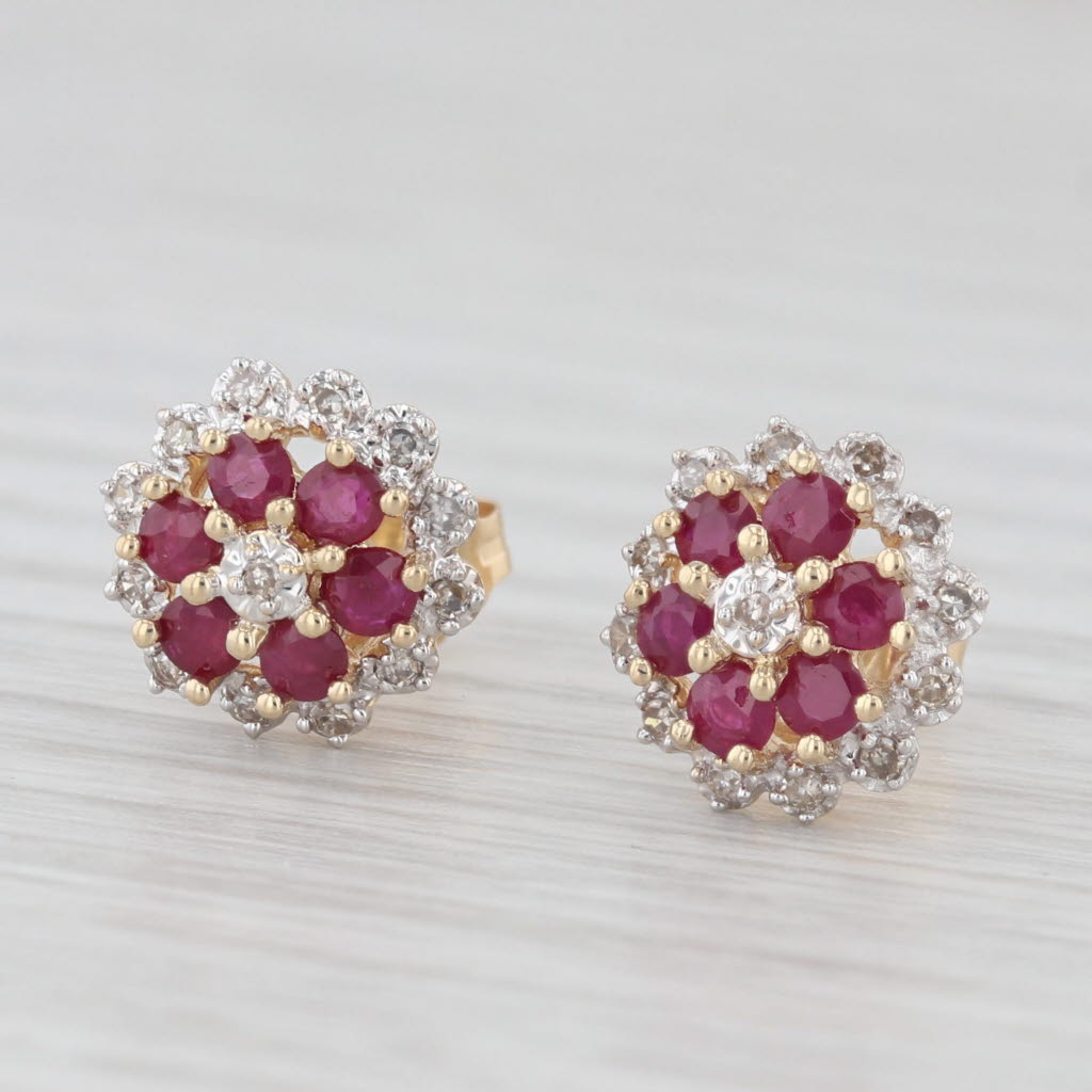 Light Gray 0.84ctw Ruby Diamond Flower Cluster Stud Earrings 14k Yellow Gold