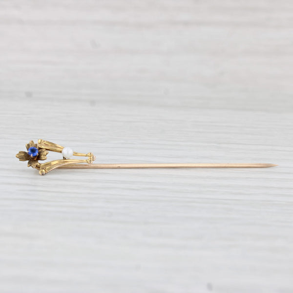 Antique Lab Created Sapphire Pearl Flower Stickpin 10k Yellow Gold Floral