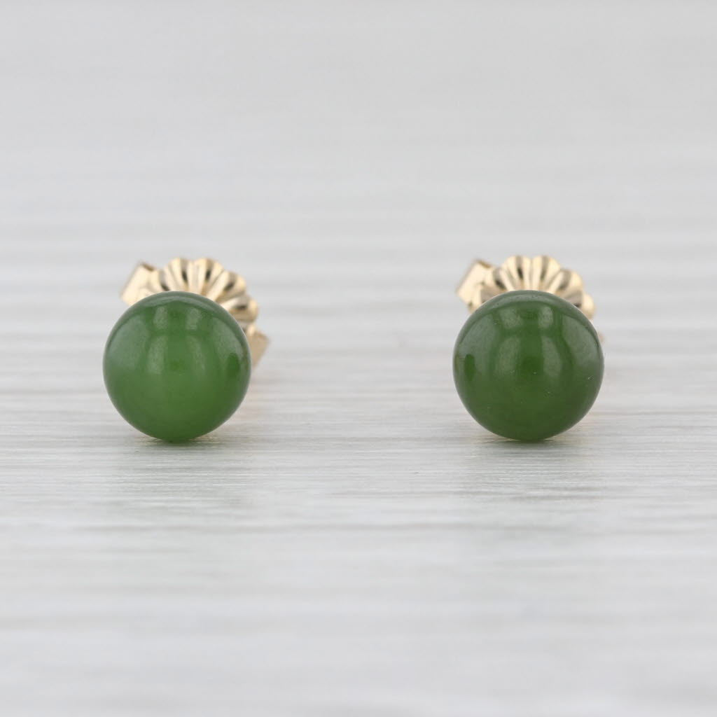 Vintage Green Nephrite Jade Bead Stud Earrings 14k Yellow Gold 6.1mm