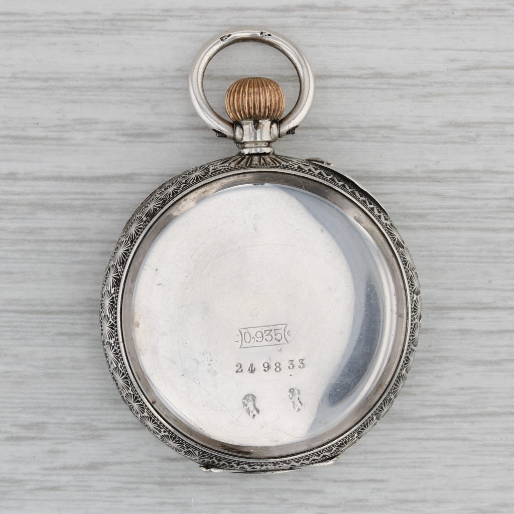 Gray Antique Pocket Watch Shaker Case Pendant Silver Enamel Floral Engraved