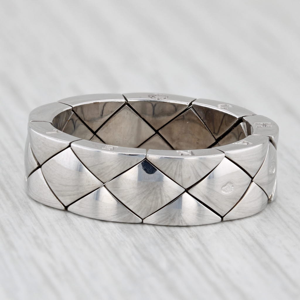 Light Gray Chanel Matelasse Quilted Coco Crush Mesh Band Ring 18k White Gold Size 9.25