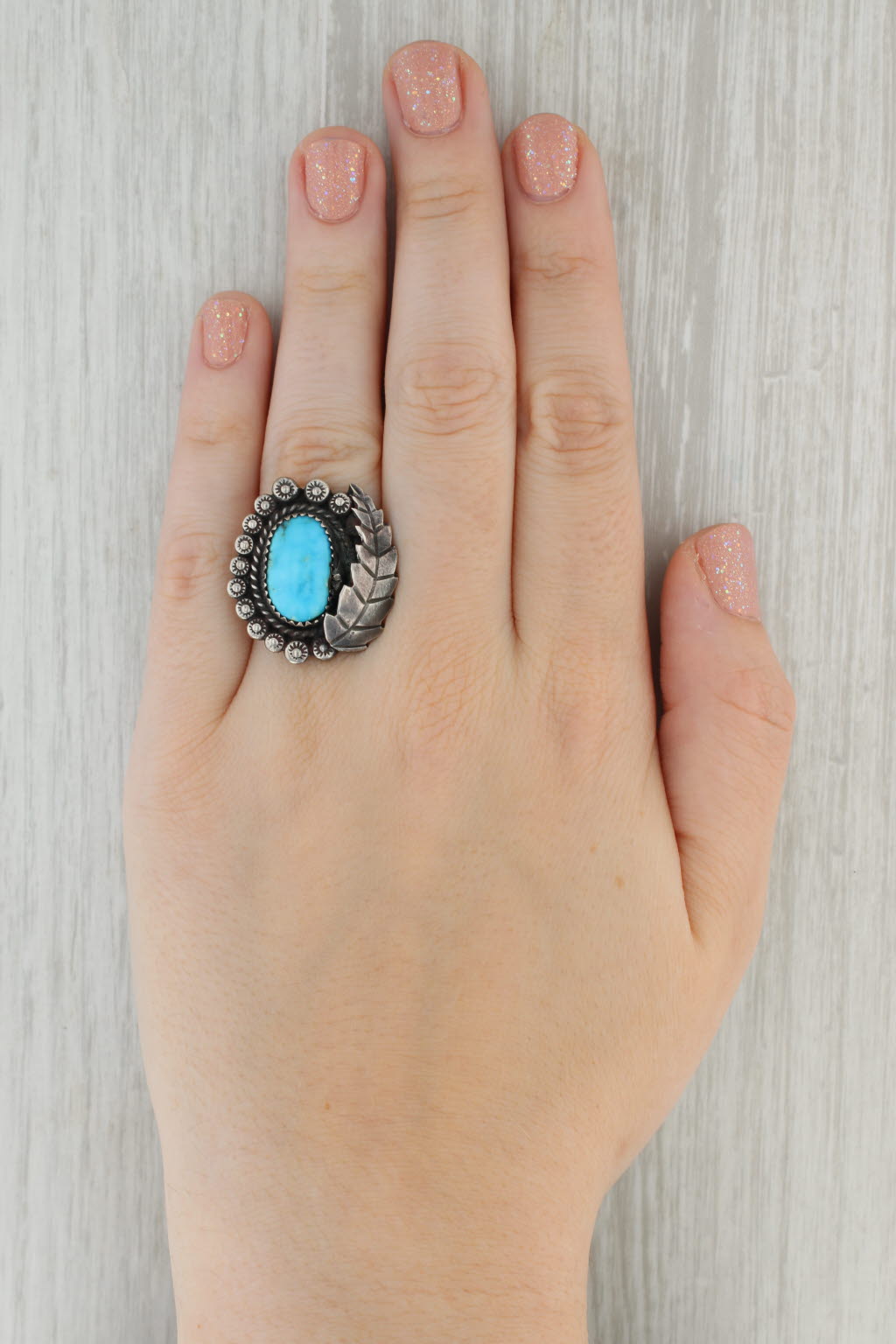 Tan Native American Turquoise Leaf Ring Sterling Silver Size 7.25 Statement
