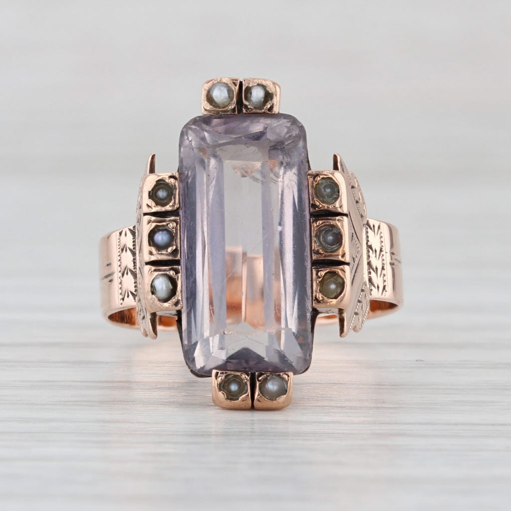 Victorian Pale Amethyst Seed Pearl Ring 10k Yellow Gold Size 7.5 Antique