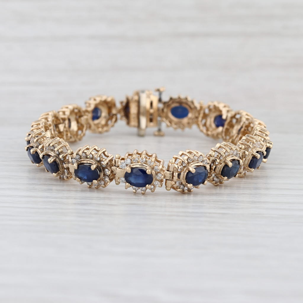 11.54ctw Blue Sapphire Diamond Halo Tennis Bracelet 14k Yellow Gold 7.25"