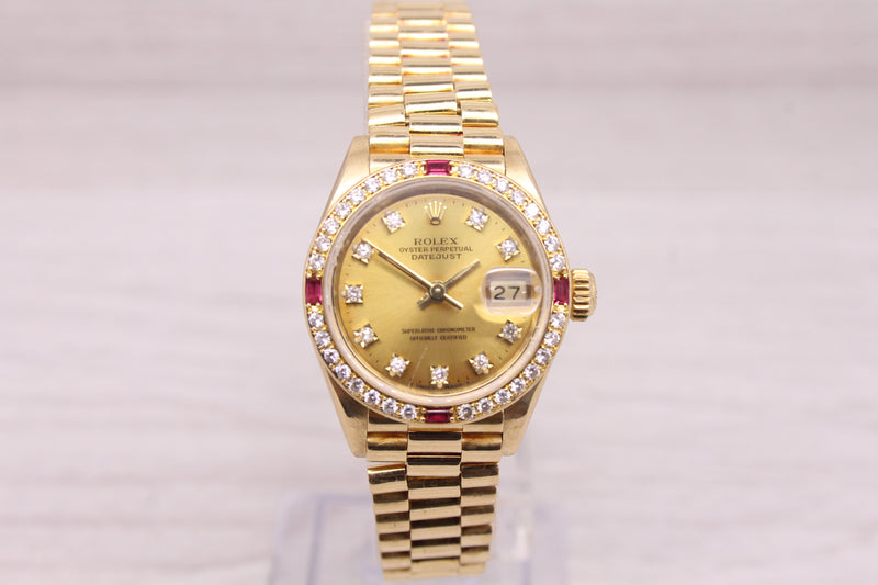 1990 Rolex Ladies President 69068 18k Yellow Gold Diamond & Ruby Watch Serviced