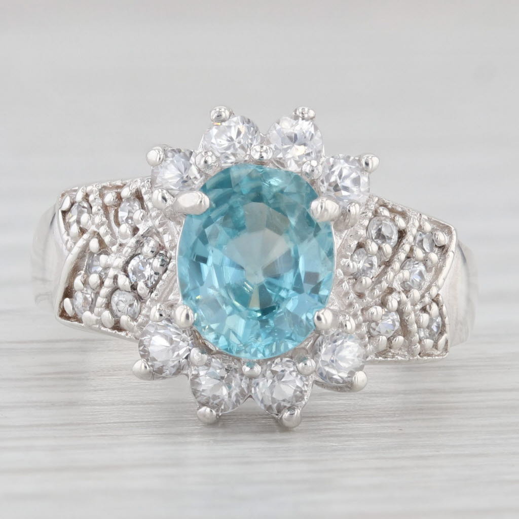 Light Gray 2.39ctw Blue White Zircon Cubic Zirconia Cocktail Ring Sterling Silver Size 6